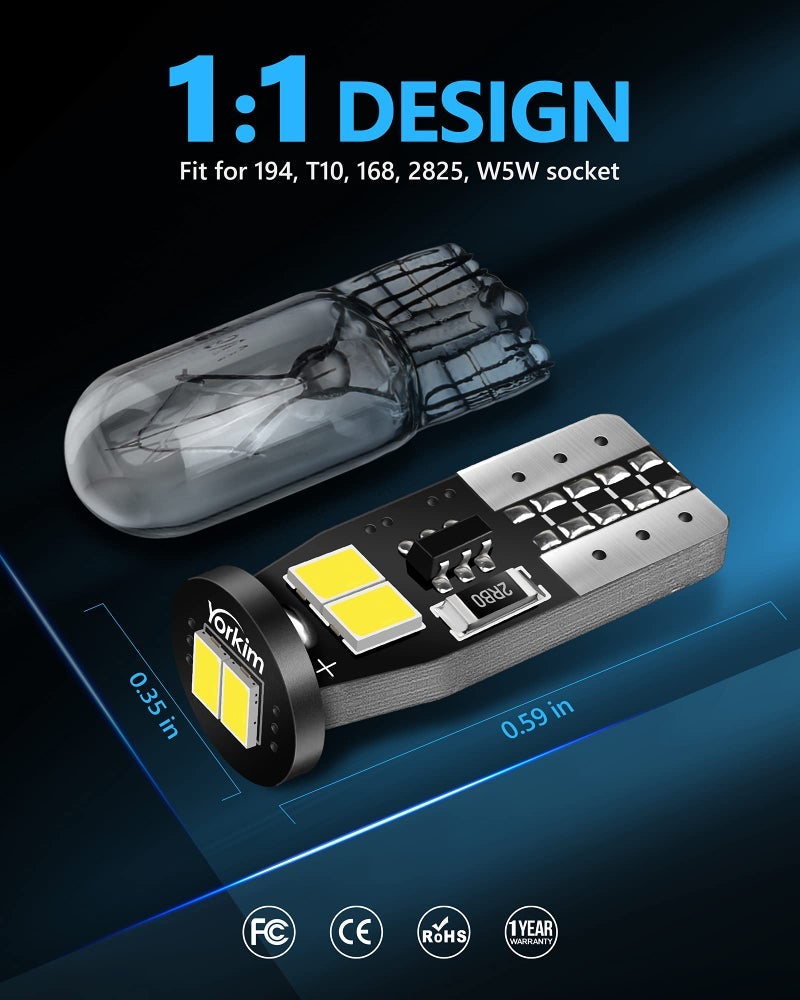 Yorkim لمبة LED 194 بيضاء خالية من الأخطاء T10 LED 6-SMD 2835 شرائح 2825 لمبة 168 W5W بدون قطبية لمبات بديلة لمصابيح لوحة ترخيصية قبة الخرائط (Map Dome Trunk)، حزمة من 10 - Image 2